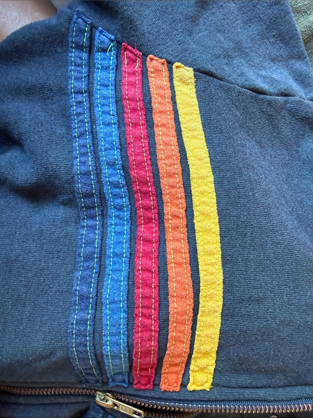 Aviator Nation 5 Stripe Heathered Navy Gray Rainbow Full Zip Hoodie - Picture 3 of 5